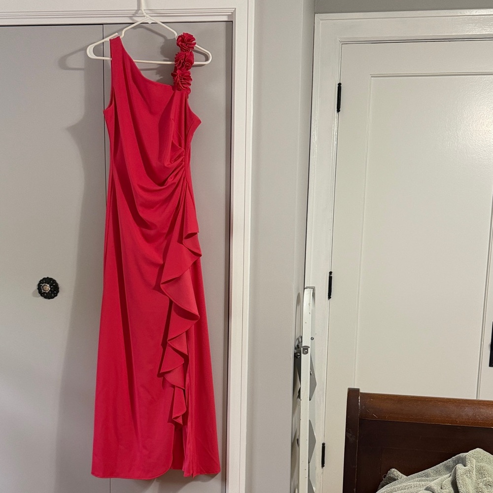 Alex Evenings One-Shoulder Ruffle Gown in coral